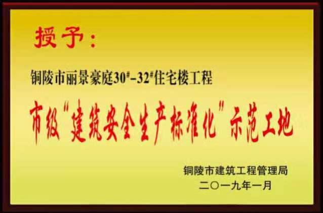 铜陵市2018年度市级“建筑安全生产标准化示范工地”荣誉称号