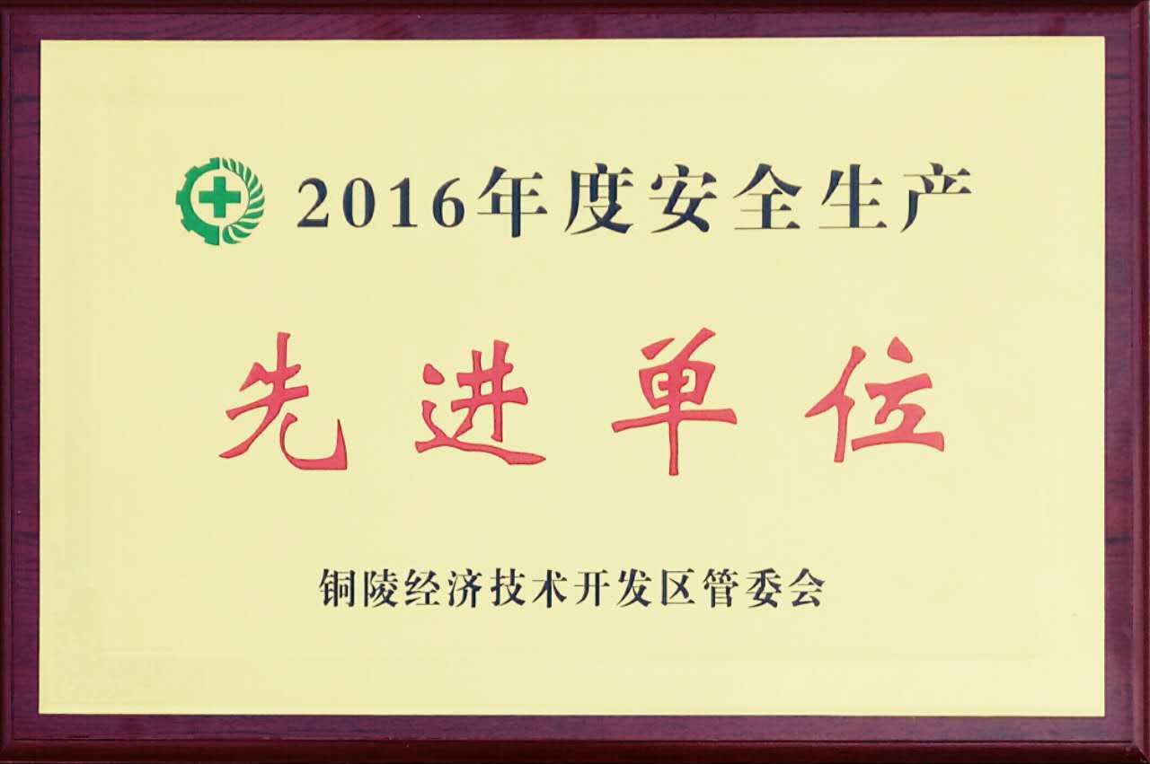 铜陵经开区“2016年度安全生产先进单位”荣誉称号