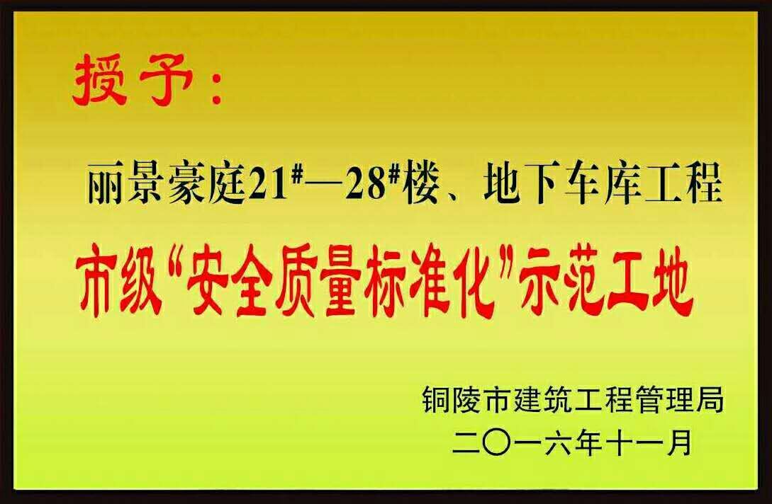 铜陵市2016年度“市级安全质量标准化示范工地”荣誉称号