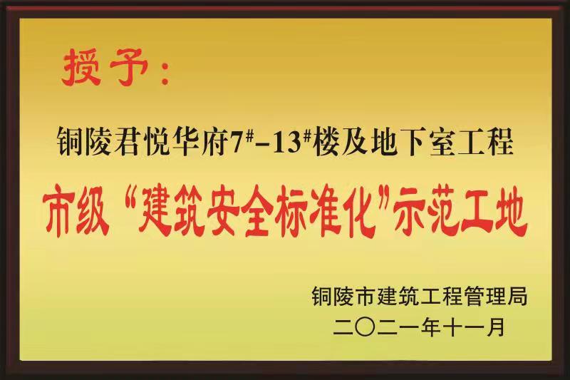 铜陵市2021年度“市级建筑安全标准化示范工地”荣誉称号